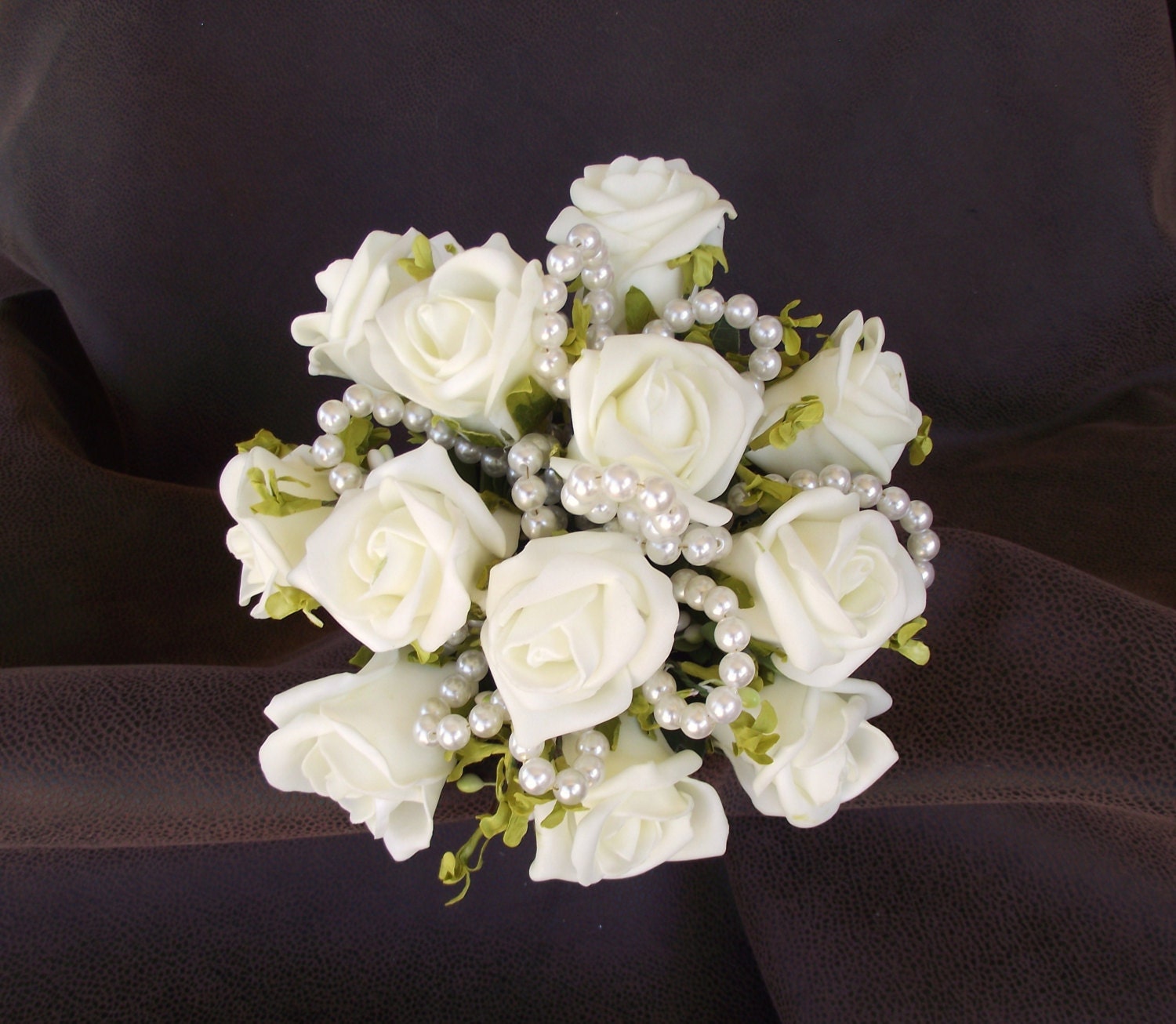 Elegant white roses and pearls wedding bouquet by UptownGirlzz