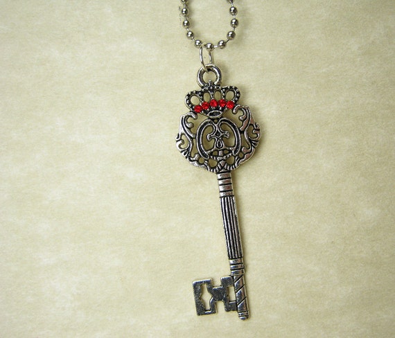 Silver Crown Skeleton Key Necklace Red by RedQueenMisc on Etsy