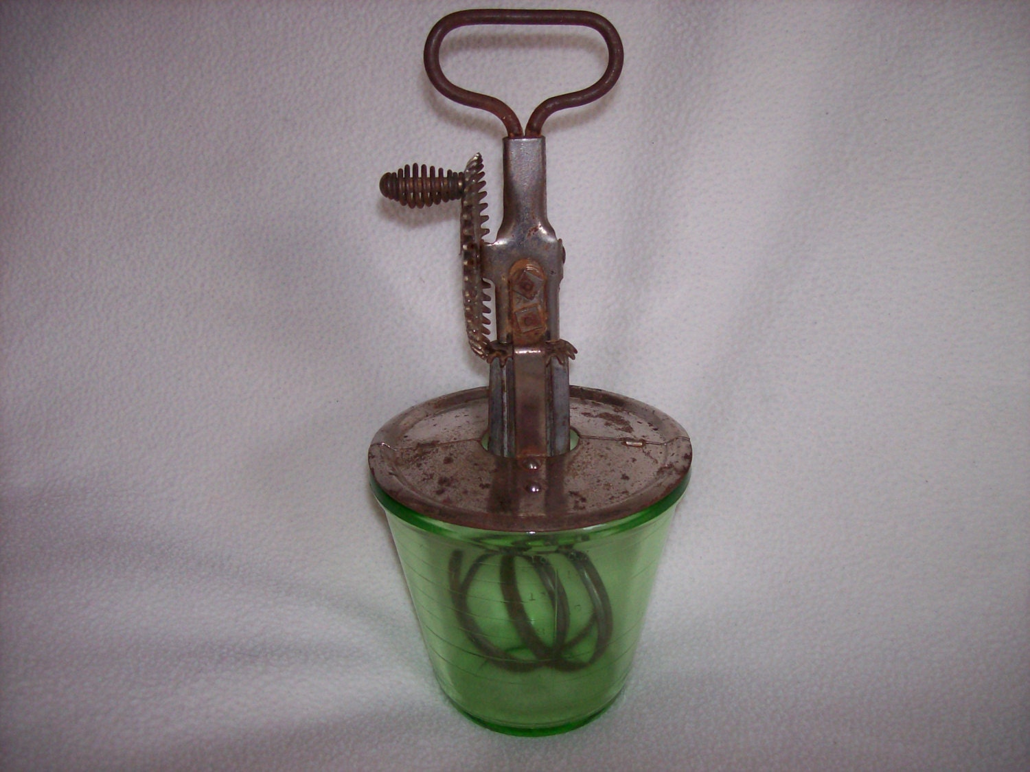 Green Depression Glass Beater jar with beater