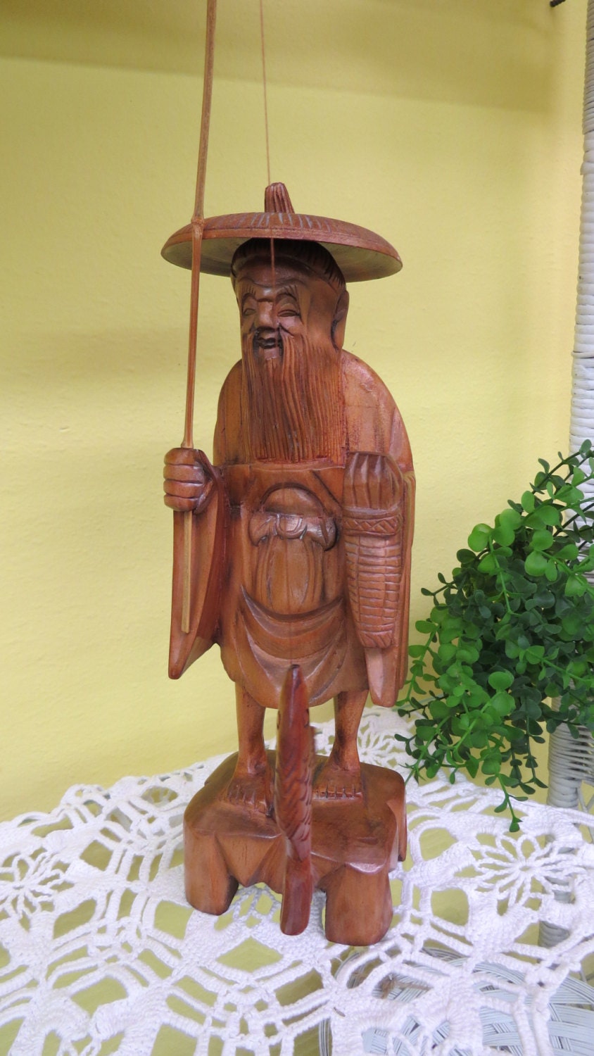 Reduced-Antique Asian Fisherman Gorgeous Wood Carved Statue.