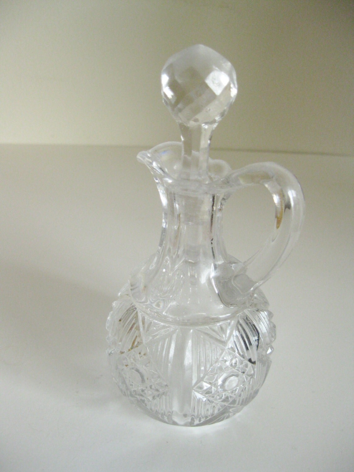 SALE Vinegar Cruet Cut Pressed Clear Glass Handblown Vintage 1940’s