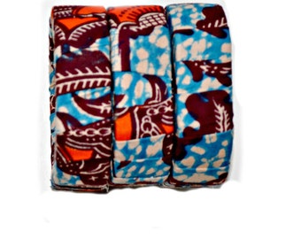 African Fabric Bangles, Brown And Blue African  Ankara print Bangles, Wood Bangles