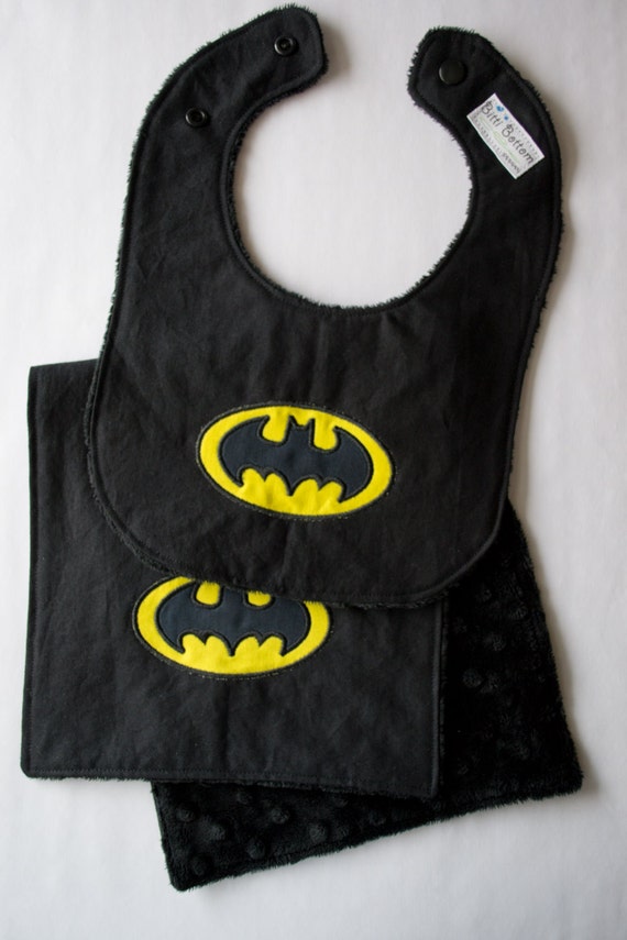 Batman Inspired Baby Bib & Burp Cloth, Super Hero Baby Bib and Burp Rag, Baby Shower Gift Ideas, Minky Embroidered Bib