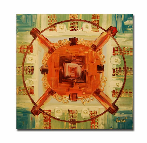 ORIGINAL mandala painting, spiritual art, meditation art, mandala art, geometric art, green, orange