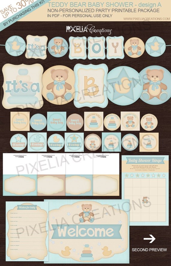 Teddy Bear Baby Shower. Printable party for a baby shower. Instant download party package in pdf Il_570xn