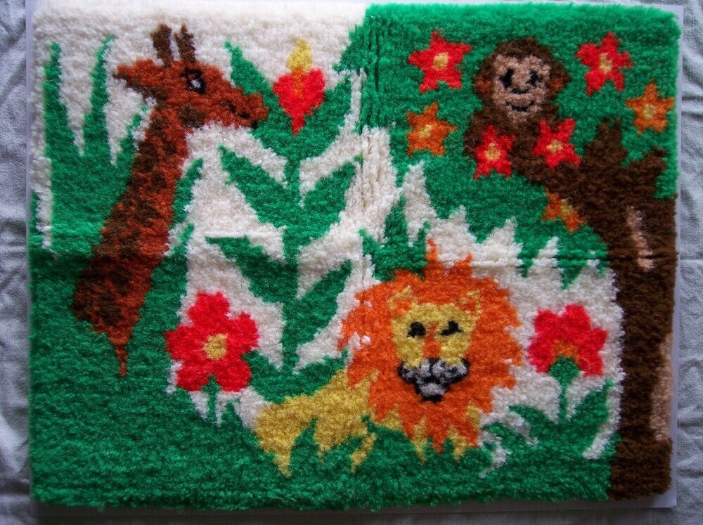 Latch Hook Rug with Giraffe Lion Monkey Vintage 1970s
