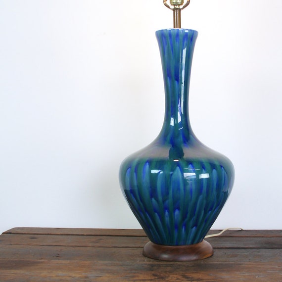 Mid Century Lamp / Blue Drip Glaze Ceramic / Vintage 1960s