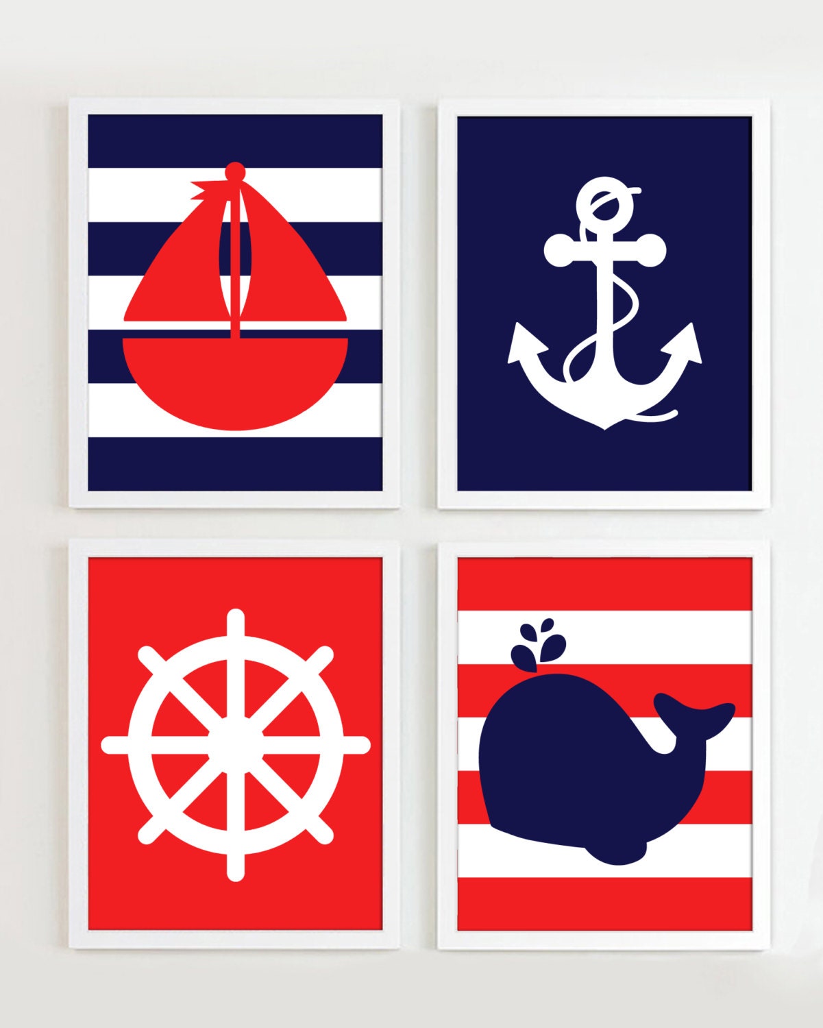 Nautical Prints Red and Navy set of 4 Beach Ocean Sea more