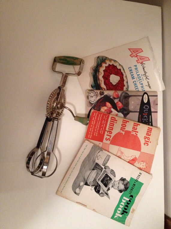 Items similar to 4 1950's Cookbooks with Vintage Hand Egg Beater on Etsy