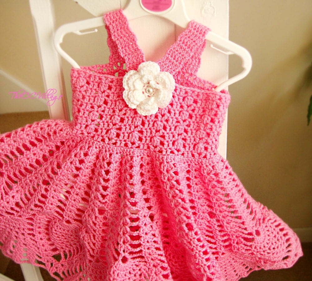 Pink Crochet baby dress Handmade girl dress White Flower