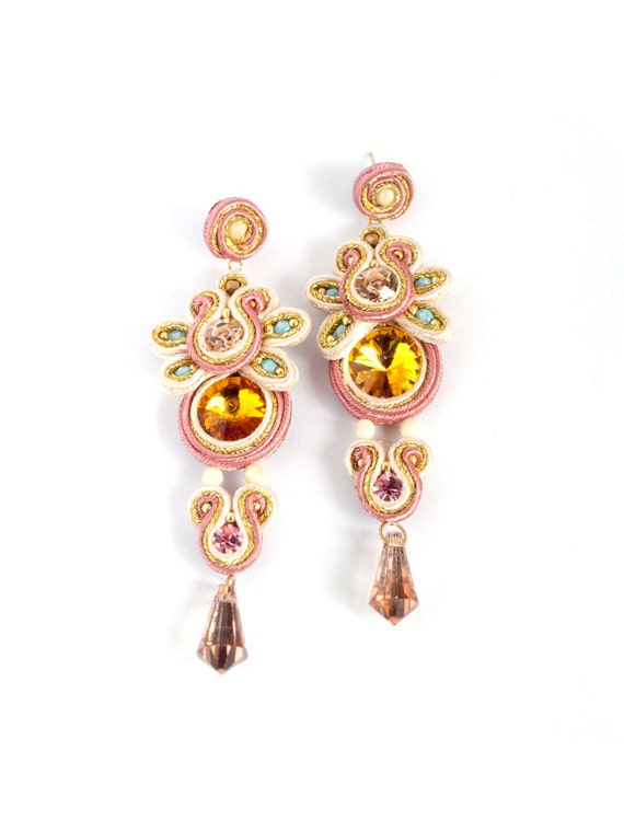 Items similar to Statement earrings with crystals. Hand embroidered