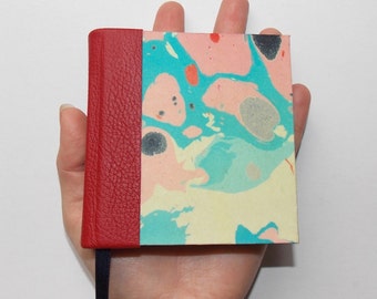 Pocket genuine leather, red nad navy endpaper, marbled paper journal. Mini notebook