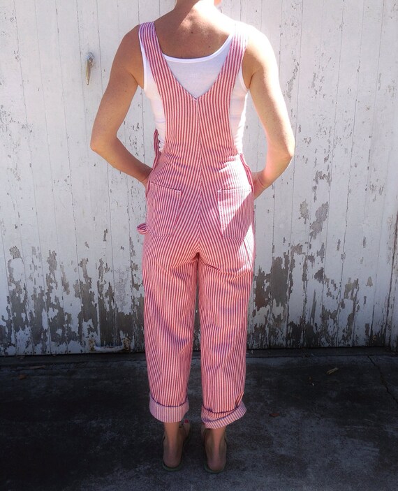 Vtg 70s Overalls Red Railroad Stripe Denim Sears small
