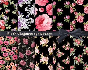 BLACK ELEGANCE - Instant Download, Digital Collage Sheet - Digital Paper - Floral Paper - Roses on Black - Scrapbook Paper - Decoupage Paper