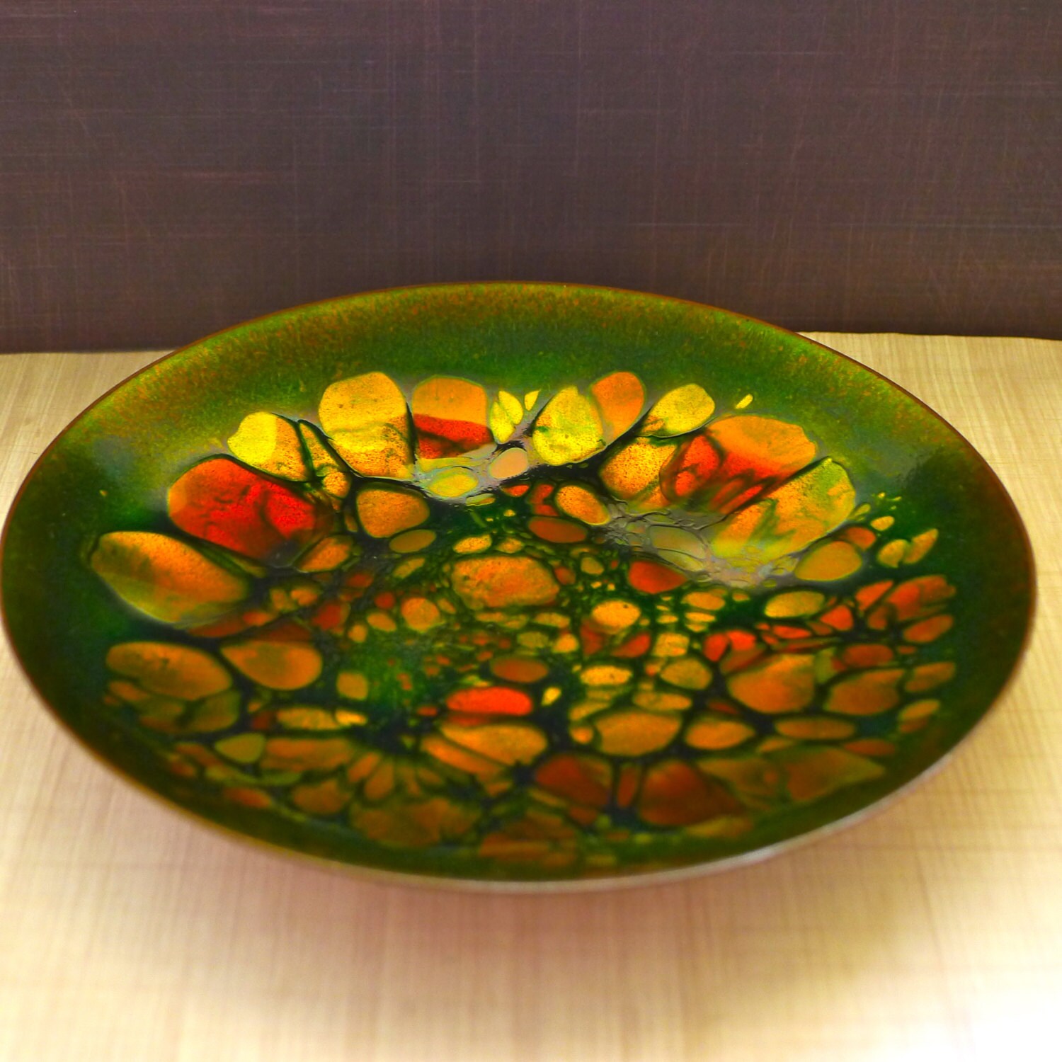 Vintage Win Ng Mid Century Modern enamel on copper plate green