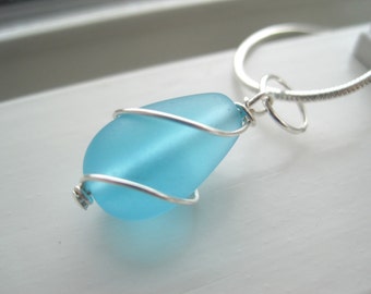 Aqua Blue Glass Necklace and Earring Gift Set - Cultured Sea Glass Jewelry - Bridesmaid Sets - Wire Wrapped Jewelry - Bridesmaid Jewelry