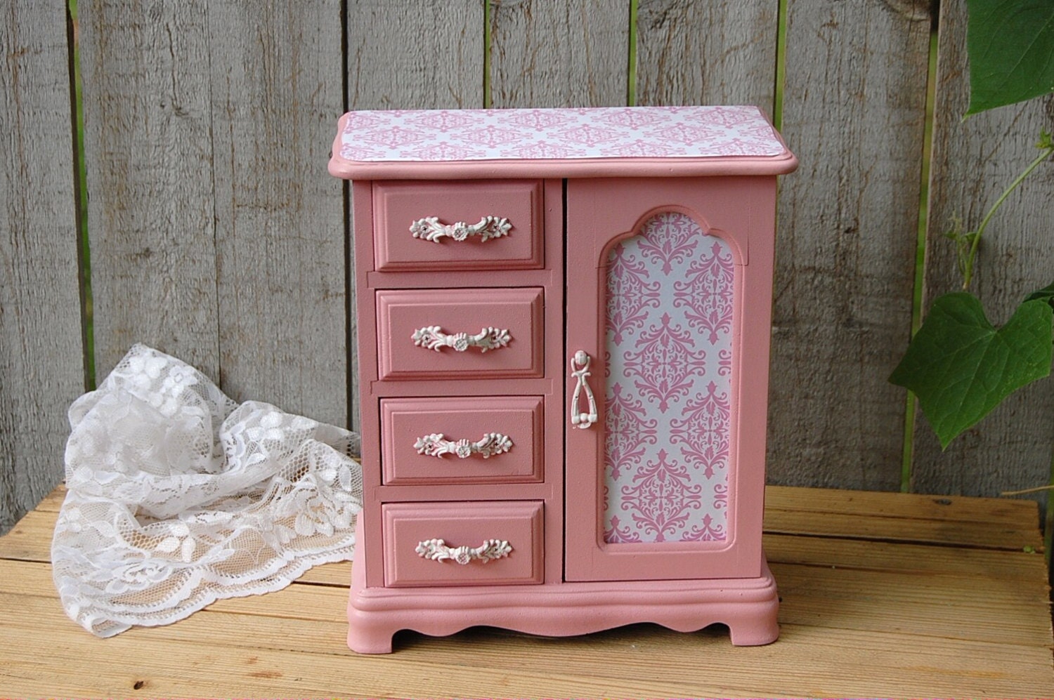 Pink Shabby Chic Jewelry Box Armoire Damask French