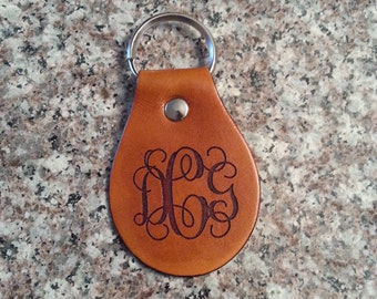 Monogram Leather keychain, personalized brown key tag, key ring, key fob, leather initial key chain