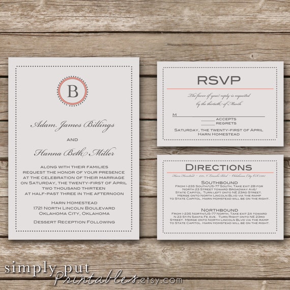 Gray Wedding Invitation Suite | Simple Dots Wedding Invitaiton | Initial Wedding Suite | Custom Color | Printable Digital File Printable