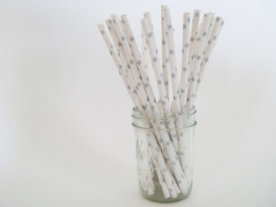 50 Metallic Silver Star Paper Straws - ships less than 24 hours Il_570xn