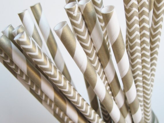 25 Metallic Gold Stripe and Chevron Paper Straw Mix - - ships less than 24 hours Il_570xn