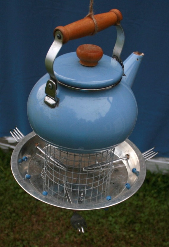 Tea Pot Kettle Pie Pan Bird Feeder Recycled Upcycled Blue Fork