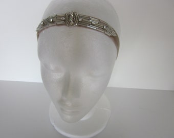 1920's rhinestone Headband silver crystal Flapper Headpiece, Old Hollywood Elastic Stretch Headpiece, Stretch Velvet, Downton Abbey,