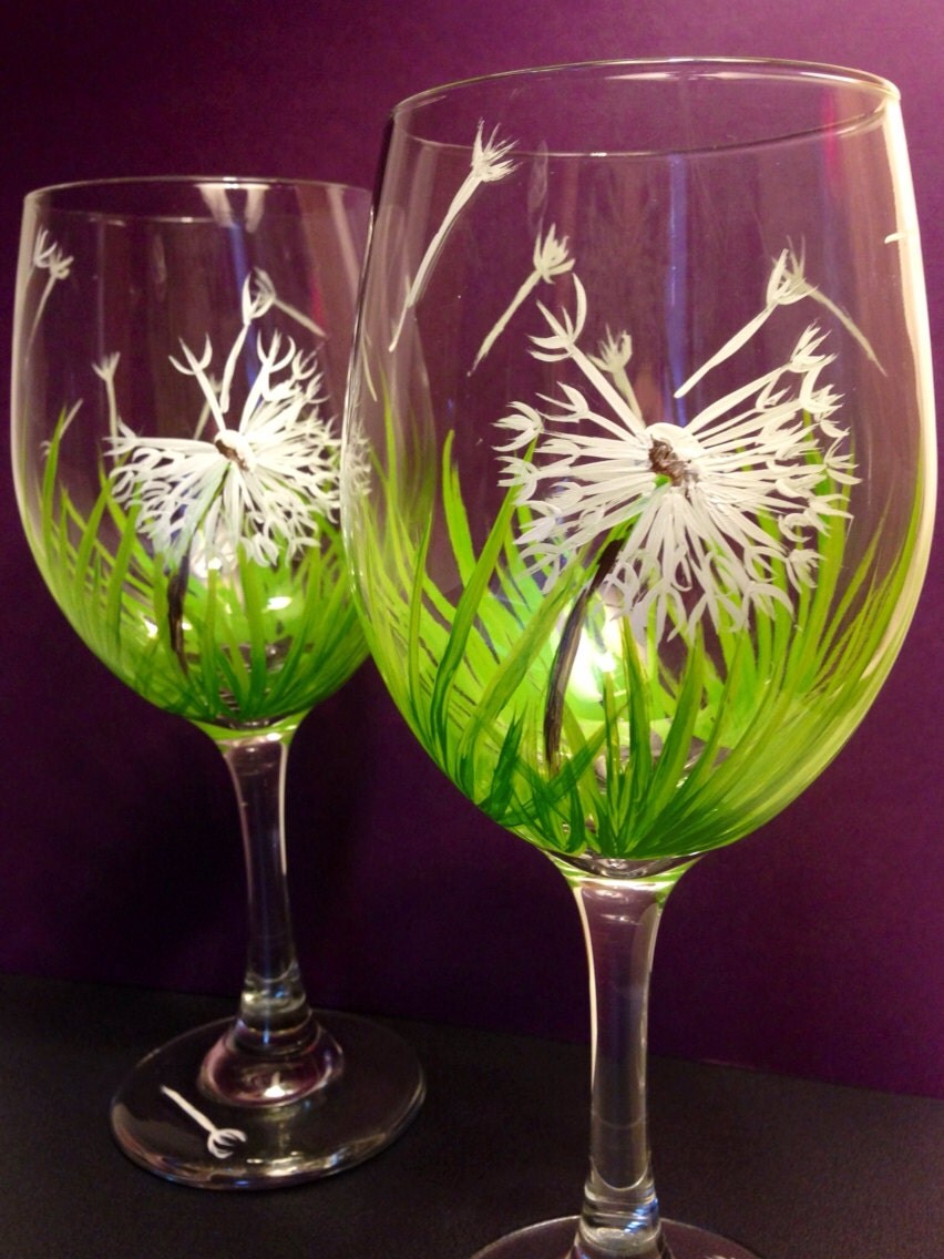 Set of 2 Dandelion Wishes in the Grass Wine Glasses