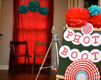 8 Tissue Paper Pom Poms - Red and Aqua Decoration - Carnival Themed Party - Circus Themed Party - Photo Booth Backdrop - Photo Props - party