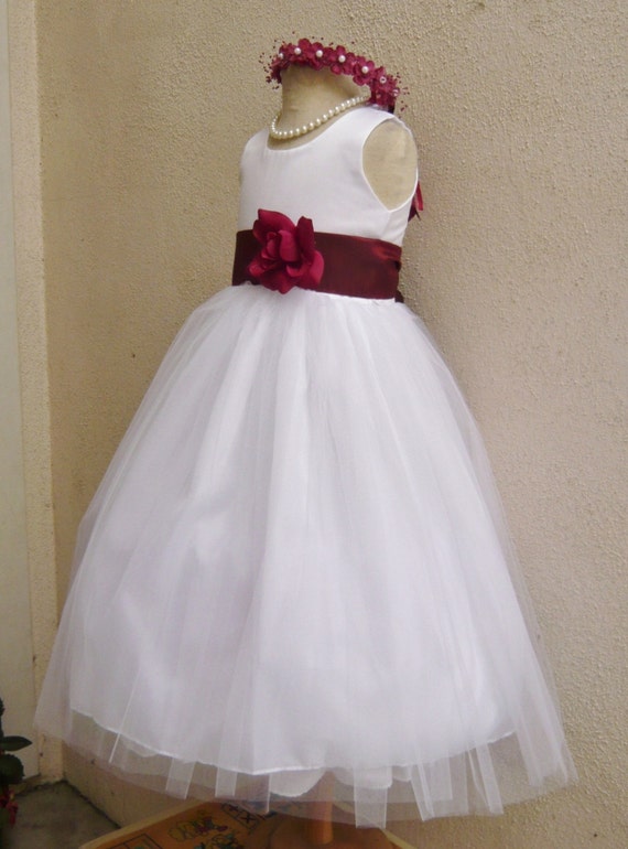 WHITE flower girl dress more than 20 sash and flower colors Burgandy/Wine 004A