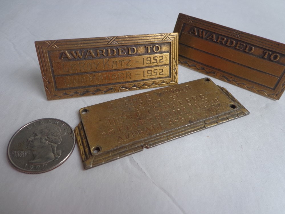 Vintage Brass Trophy Plaques/Plates Award Label Winner 1940