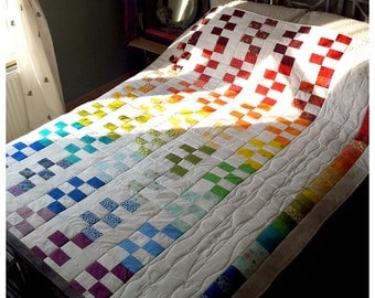 Rainbow Geometric Patchwork Quilt - wedding quilt, multicoloured white rainbow quilt, rainbow bedspread, wedding gift - MADE TO ORDER (562)