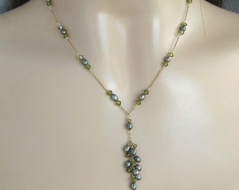 Green Crystal Y Drop Statement Necklace