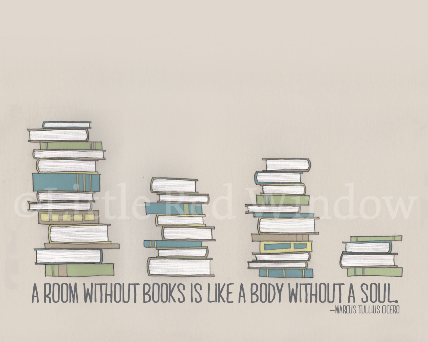Stack of Books Reading Printable Print8 x by LittleRedWindow