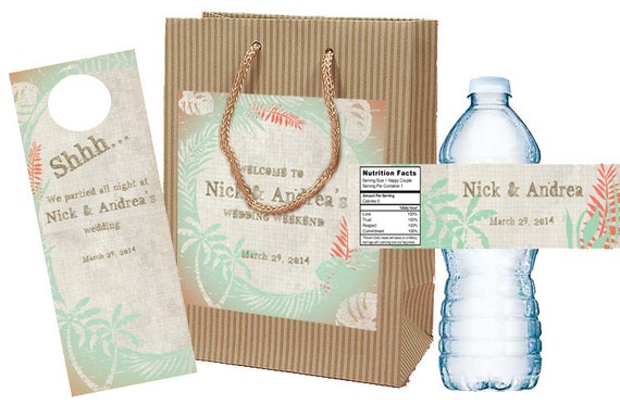 20 Destination Wedding Welcome Bag Sets with palm labels on pinstripe ...