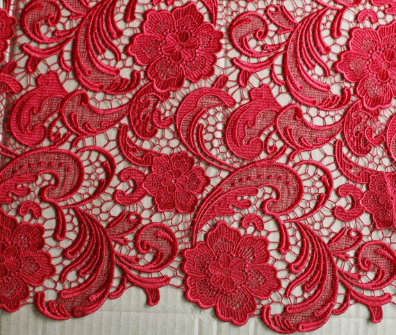 Red dress lace fabric polyester hollow embroidery wedding dress fabric ...