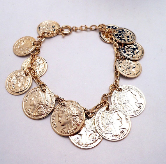 Vintage Coin Charm Bracelet Goldtone by TheElectricPoodle on Etsy