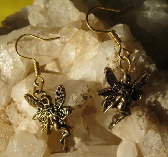 Handmade Gold Hook Earrings with Fairy by IreneDesign2011