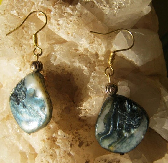 Handmade Gold Hook Earrings with Blue Seashell by IreneDesign2011
