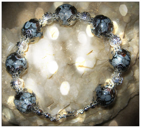 Handmade Silver Bracelet with Snowflake Obsidian by IreneDesign2011