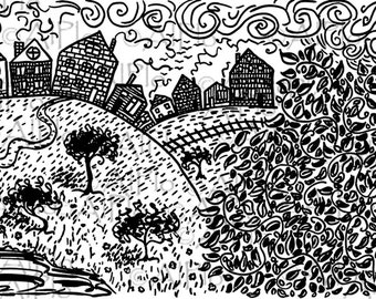 Digital landscape paysage scenery drawing black white hills houses clouds trees railway path lake personal and small commertial use coloring