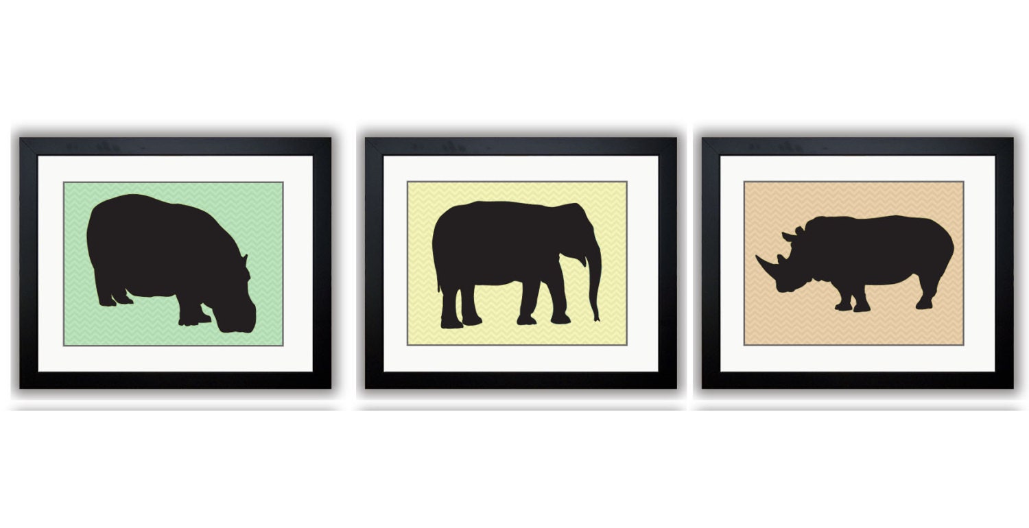 African Safari Animals Prints Pastel Green Yellow Orange Kids Room Art Nursery Art Chevron Set of 3 