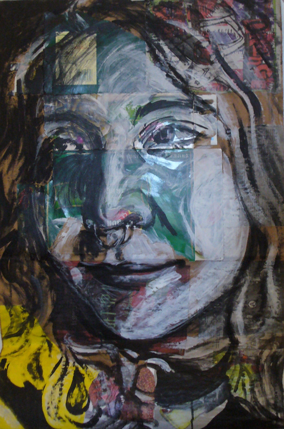 Mixed media recycled materials self portrait on paper gesso