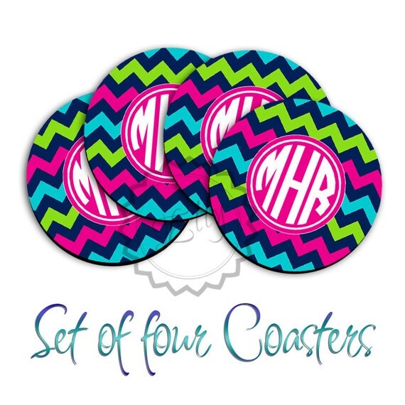 Items similar to Personalized Coasters, Set of four Mixed Colorful chevron with Hot Pink