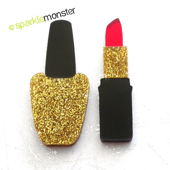 Lipstick and Nail Polish set - 2 pcs, cabs for deco, gold glitter ...