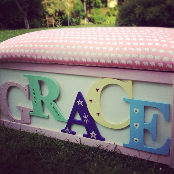 Personalised Wooden Toy box  Pink Elephant amp; Decorated Wooden Letters