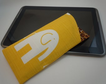 eyeglass case sunglass case durable canvas lined padded Whimsical white elephant yellow background safari animal lining