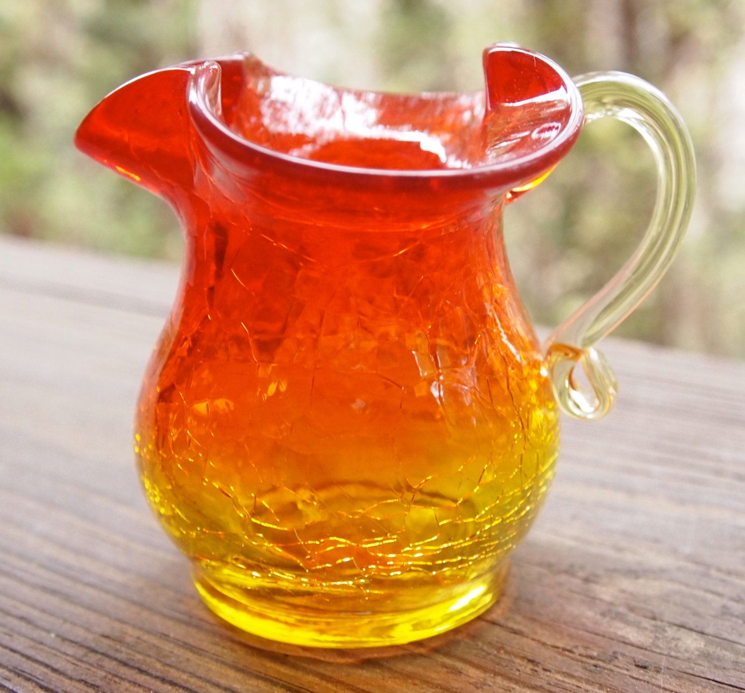 Vintage Orange Hand Blown Cracked Glass PItcher by LouiseandLena