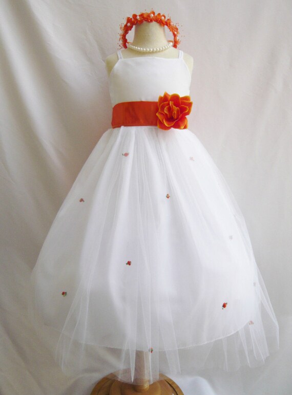 Flower Girl Dresses WHITE with Orange Burnt by NollaCollection