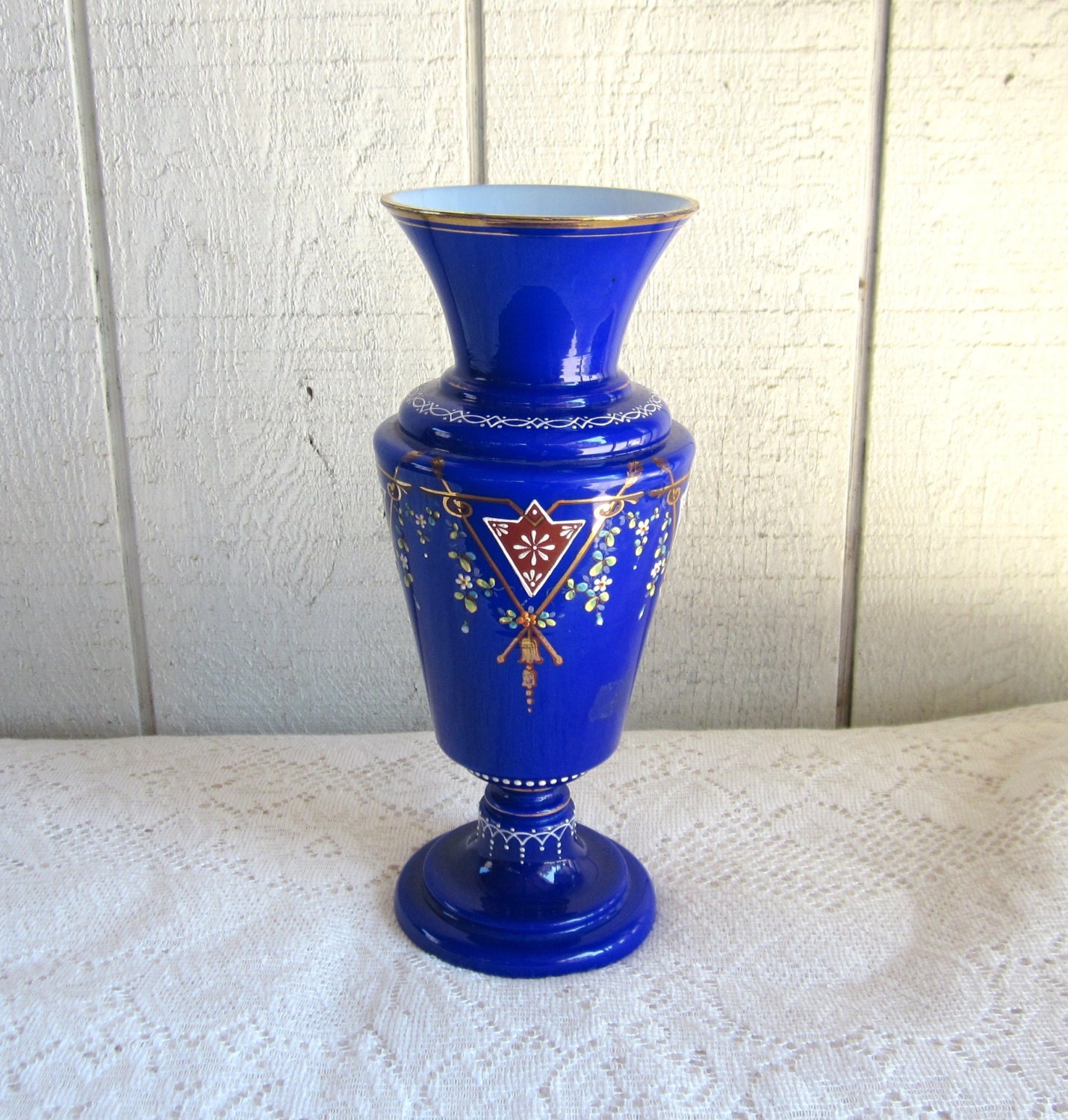 Bohemian Cobalt Blue Vase with Gold Trim Floral Art Glass